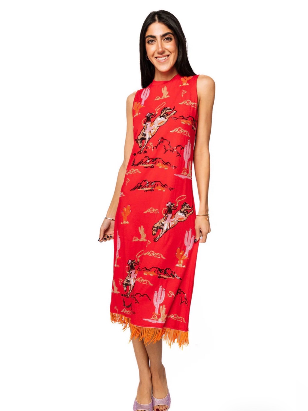 Queen Of Sparkles Red Bucking Cowgirl Fringe Midi Dress Size L Nwot
